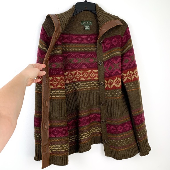 Eddie Bauer Olive Green, Burgundy & Rust Fair Isle Cardigan Sweater - Picture 3 of 10